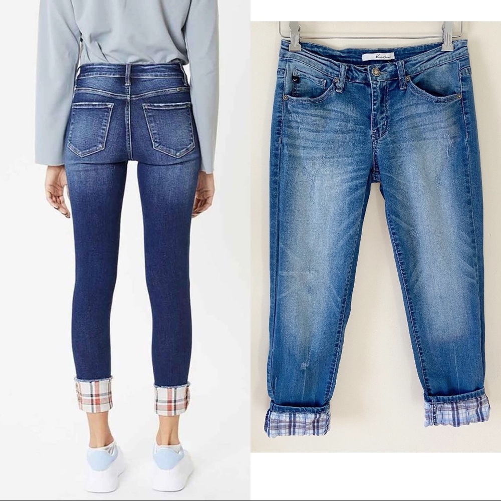 Kancan Plaid Cuff Cropped Jeans